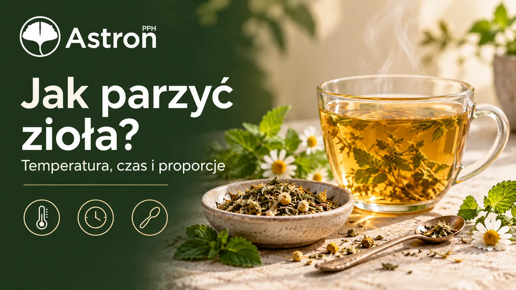 Jak parzyć zioła - napar ziołowy w szklanym kubku i suszone zioła Astron